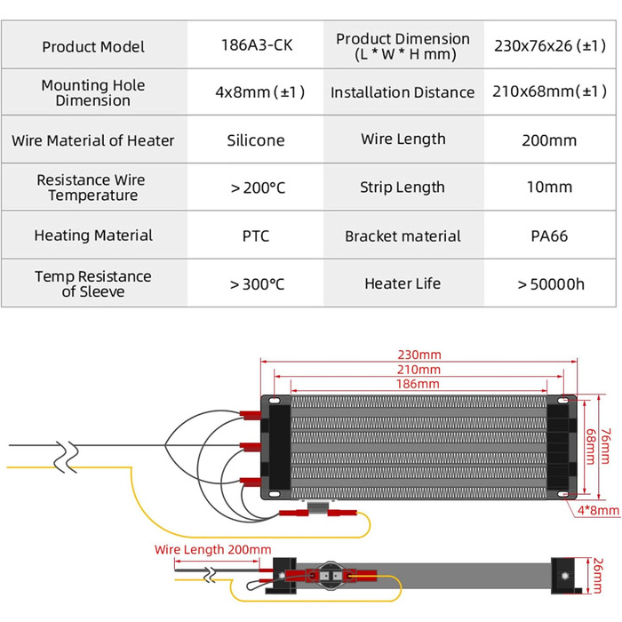 Вентилятор PTC обігрівача 220 В 1500 Вт Керамічний повітряний обігрівач PTC, нагрівач PTC, електроізольований керамічний термостат, високопродуктивний нагрівальний елемент PTC 186 мм, PTCYADU