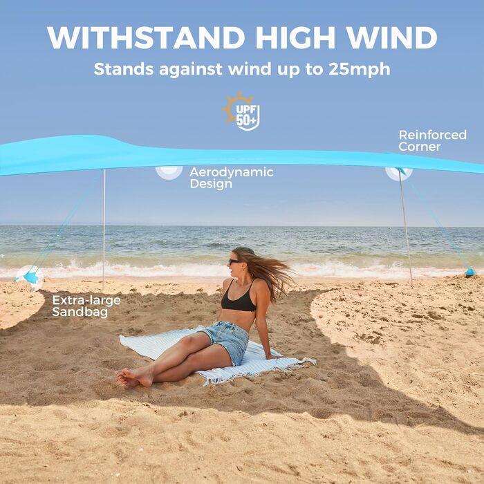 Пляжний намет WEKAPO, сонцезахисний навіс, легко встановлюється, пляжний навіс з 4 міцними жердинами, великими мішками з піском та лопатою, висотою 1,8 м, вітрозахисний сонцезахисний навіс для саду та кемпінгу, UPF 50 синій, 8x8 футів, 4 стійки