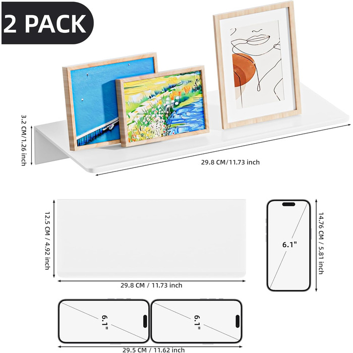 Біла металева настінна полиця, комплект з 2 шт. - Нержавіючий алюміній - Плаваюча полиця - полиця для душу 30 см, не потребує свердління, ідеально підходить для декору та настінного зберігання в будь-якій кімнаті, біла, 30 x 12,5 см