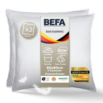 Пухові подушки BEFA NATUR 80x80 см (2 шт.) 3-камерні подушки 90 пух та 10 пера Вага наповнювача 1400 г кожна Гіпоалергенні (NOMITE) Сертифіковані для тварин (DOWNPASS) OEKO-TEX Клас 1 Зроблено в Німеччині 2 шт. 80x80 см