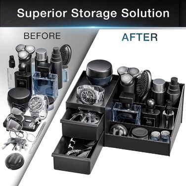 Чорний косметичний органайзер для чоловіків, органайзер для туалетного столика з шухлядами, місце для зберігання косметики та одеколону, скринька для ванної кімнати та спальні (матово-чорний)