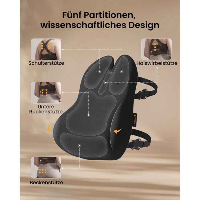 Ергономічна подушка для спини ProtoArc з піни з ефектом пам&39яті, поперекова опорна подушка для офісних крісел, автомобільних сидінь та стільців для столу, дихаюча поперекова опора з регульованими подвійними ремінцями, чорна