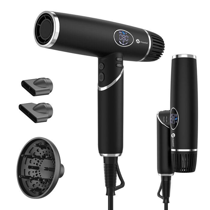 Фен з 200 мільйонами негативних іонів, наднизький рівень шуму 57 дБ, безщітковий мотор 110 000 об/хв, вага 340г, складаний фен з 3 дифузорами, LCD-дисплеєм, для подорожей, чорний, 2000W