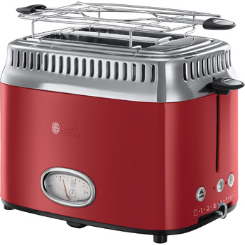 Тостер Russell Hobbs на 2 скибочки Retro Stainless Steel Red (дисплей зворотного відліку в ретро-дизайні, включаючи насадку для булочки, 6 рівнів підрум'янювання функція розморожування та розігріву, 1300 Вт) Вінтаж 21680-56