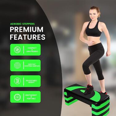 Фітнес-степер MAXSTRENGTH для тренувань, регулювання висоти у 5 положеннях (10 см, 15 см, 20 см, 25 см, 30 см), нековзка підніжка для аеробних вправ, вправ на витривалість, кардіо, йоги, комплексів, зелений/чорний