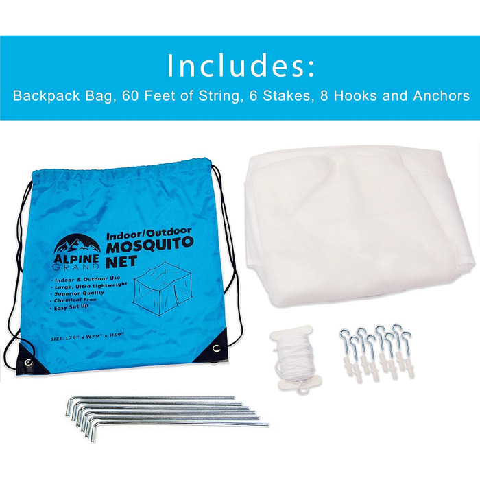 Москітна сітка Alpine Grand Premium Спіть краще, ніж будь-коли, знаючи, що ви всю ніч без комах Односпальне ліжко, двоспальне ліжко, ліжечко, гамак або кемпінг Включає комплект для підвішування та рюкзак-сумку для перенесення