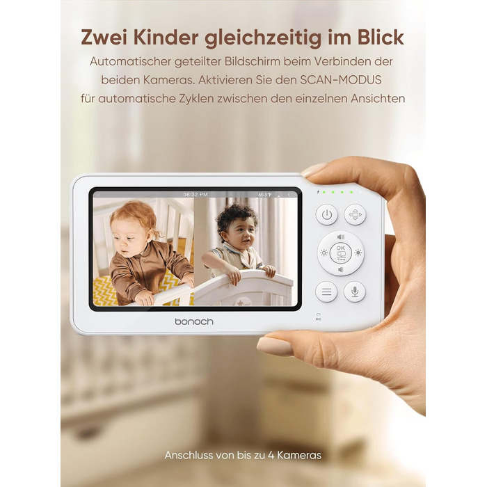 Відеоняня з 2 камерами, відеоняня 4,3 дюйма 720p без Wi-Fi, акумулятор 4000mAh, нічне бачення, функція двостороннього аудіо, режим