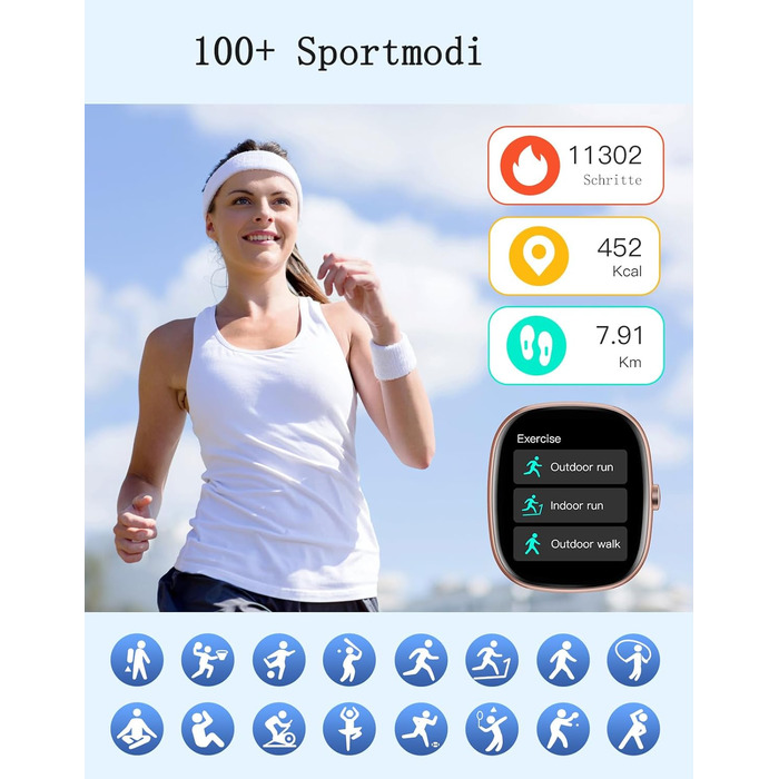 Жіночий смарт-годинник HUAKUA з функцією телефону, фітнес-годинник 1,85 дюйма з монітором серцевого ритму/монітором сну SpO2/100 спортивні режими, крокомір, водонепроникний фітнес-трекер IP68 для телефонів Android та iOS, рожеве золото