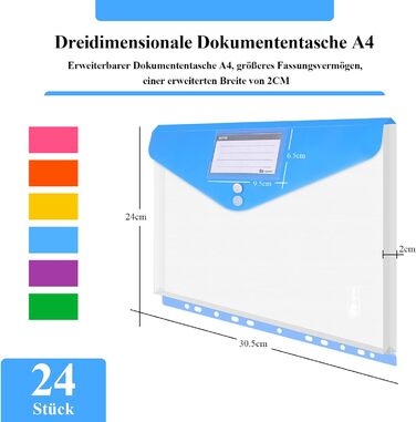 Підсумок для документів A4 20 шт. - тривимірна папка для документів формату А4 з 2 кнопками, папки A4 з 11 отворами для швидкозшивача та кишенею для етикеток для впорядкування документів, кожен до 270 аркушів паперу (6 кольорів-24 упаковки)