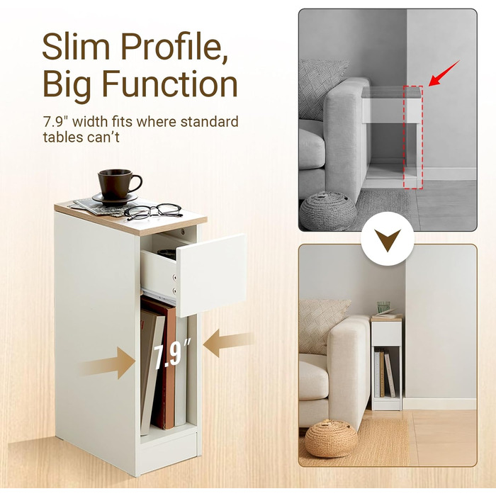 Комплект із 2 вузьких тумбочек, приліжкові тумбочки з шухлядою та полицею, тумбочки для спальні та вітальні, білі, Ш20 x Г35 x В60 см, FBT111-WNx2