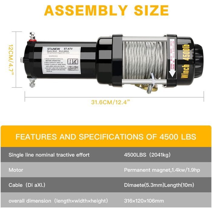 Електрична лебідка STANEW 12 В, що тягне до 4500 фунтів/2041 кг, лебідка для позашляхового двигуна, канатний підйомник, електрична лебідка, сталевий трос 10 м, акумуляторна синтетична лебідка з дистанційним керуванням Розтяг 4500 фунтів