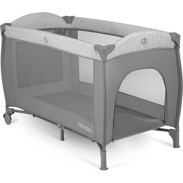 Дитяче ліжечко Ricokids з матрацом, 125 x 65 x 78 см, дорожнє ліжечко, вагою до 15 кг, 2 колеса з гальмами, бічний вхід, сумка для перенесення, функція гойдання, ігрова арка, пеленальний столик, складний, світло-сірий