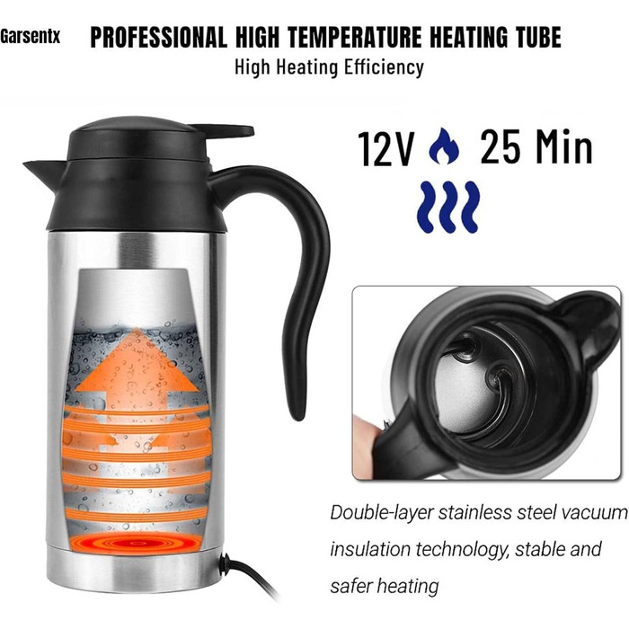 Автомобільний чайник 750 мл, електричний чайник 12 В з нержавіючої сталі для подорожей для нагрівання води кавових напоїв, прийнят