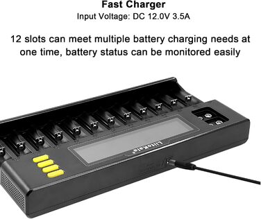 Слотовий РК-дисплей швидкий зарядний пристрій, інтелектуальний універсальний зарядний пристрій для літій-іонних (IMR/ICR) LiFePO4 Ni-MH/Cd 18650 21700 26650 18350 14500 RCR123 9V батарей AA AAA C, 12 18650 12-