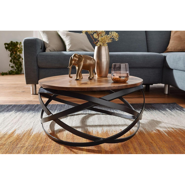 Круглий журнальний столик FineBuy MANUR з масиву шишаму Ø 60 см стіл для вітальні в промисловому дизайні з чорним металевим каркасом дерев&39яний стіл ручної роботи, натурально-коричневий