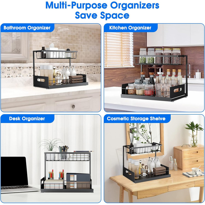 Органайзер для зберігання під раковиною UINOFLE, 2 полиці, висувний кошик, органайзер, шухляди, висувна шафа-органайзер, багатоціл