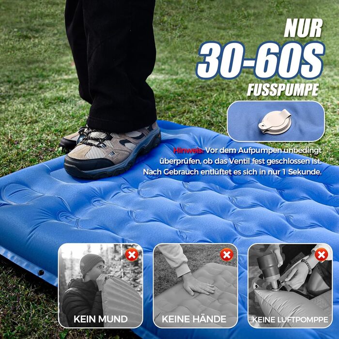 Килимок для сну NAPASA, потовщений надувний матрац 14 см із вбудованим насосом для ніг та подушкою, водонепроникний, килимок для сну з антипіреновим покриттям для походів, пляжу, подорожей, намету (синій) 3 шт. нашивки - синій