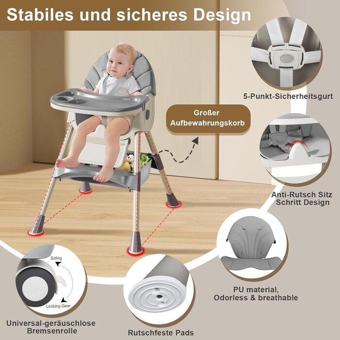 Стільчик для годування LINELUCK дитячий 6в1 з шезлонгом і дитячим кріслом-гойдалкою, регульований складаний дитячий стільчик з обі