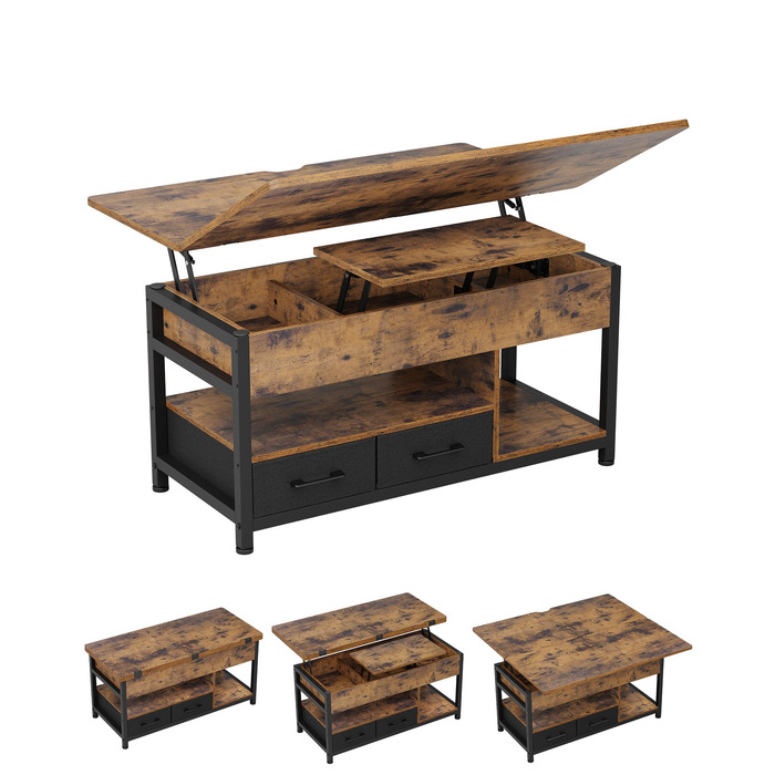 Журнальний столик з регульованою висотою, багатофункціональний стіл для вітальні 3-в-1, журнальний столик з 2 шухлядами, приховане місце для зберігання речей, відкрите відділення, можна використовувати як обідній стіл, для вітальні, офісу, коричневий