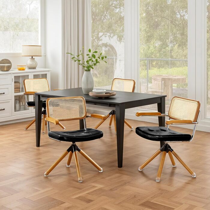 Письмове крісло Zouron з ротанга, чорне - обертове крісло в стилі середини століття без коліщаток, м&39яке офісне крісло зі штучної шкіри з дерев&39яними ніжками, акцентне крісло для домашнього офісу, вітальні, спальні, , чорного кольору