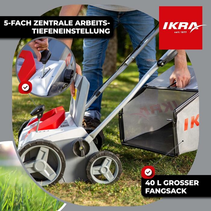 Аератор газону IKRA Elektro IEVL 1838, мішок для збору трави 40л, ширина захвату 38см, регульована глибина обробки, потужність 1800 Вт
