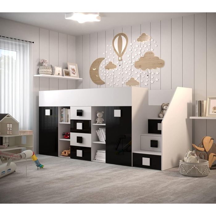 Двоярусне ліжко для дітей, підлітків з місцем для зберігання - Двоярусне ліжко з письмовим столом, шафою, полицею, шухлядами, сход