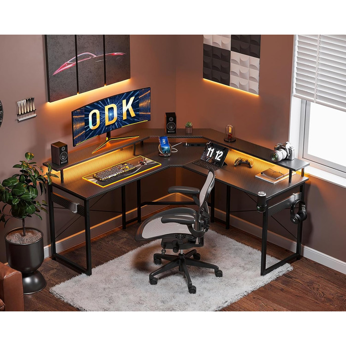 Ігровий стіл ODK 129x129 см, ігровий стіл зі світлодіодом, ігровий стіл для ПК з 2 розетками та 2 портами для зарядки USB, комп'ют