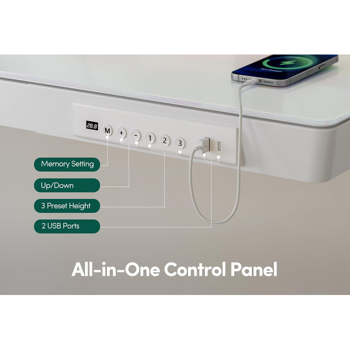 Електричний стіл FEZIBO для роботи стоячи зі скляною стільницею, регульована висота, 140 x 60 см, стіл для домашнього офісу, з портами зарядки USB-A-C, біла рама/біла стільниця