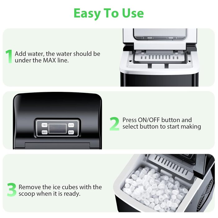 Машина для виробництва кубиків льоду FOOING Льодогенератор Кубик льоду готовий за 6 хвилин 2-літровий льодогенератор з лопатою для льоду та кошиком Світлодіодний дисплей Машини для кубиків льоду для домашнього бару Black