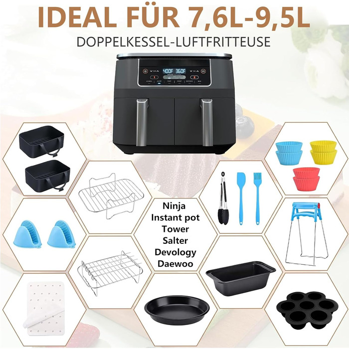 Аксесуари Аерофритюрниця для Ninja Foodi AF300EU AF400EU, 2024 нові аксесуари для двозонної фритюрниці, аксесуари для фритюрниці, включаючи форму для випічки, силіконову форму, вкладиші, решітки 20 шт., 20 шт.