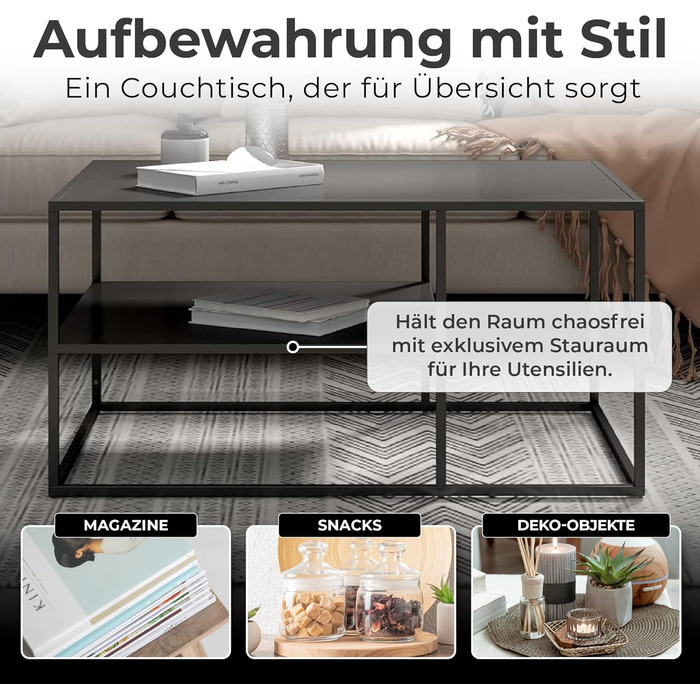Журнальний столик Solund, приставний столик, металевий, чорний, стіл для вітальні з місцем для зберігання, 90 x 60 x 45 см, прямокутний диван-столик, журнальний столик, чорний, 90 x 60 x 45 см - 1 полиця