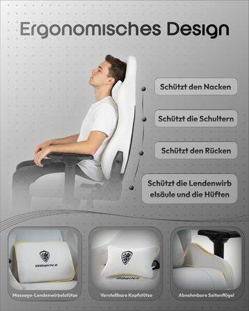 Ігрове крісло Dowinx з 4D підлокітниками та функцією гойдання 15, регульоване масажне ігрове крісло 165, ергономічне ігрове крісло, гоночний дизайн для геймерів та кіберспорту, вантажопідйомність 135 кг, білий колір