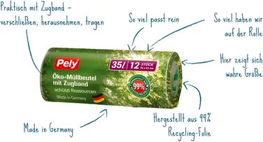 Екологічні сміттєві пакети Pely зі шнурком, 35 літрів, вигідна упаковка 11 x 12, виготовлені з 99 переробленого матеріалу, для утилізації побутових відходів та залишкових відходів