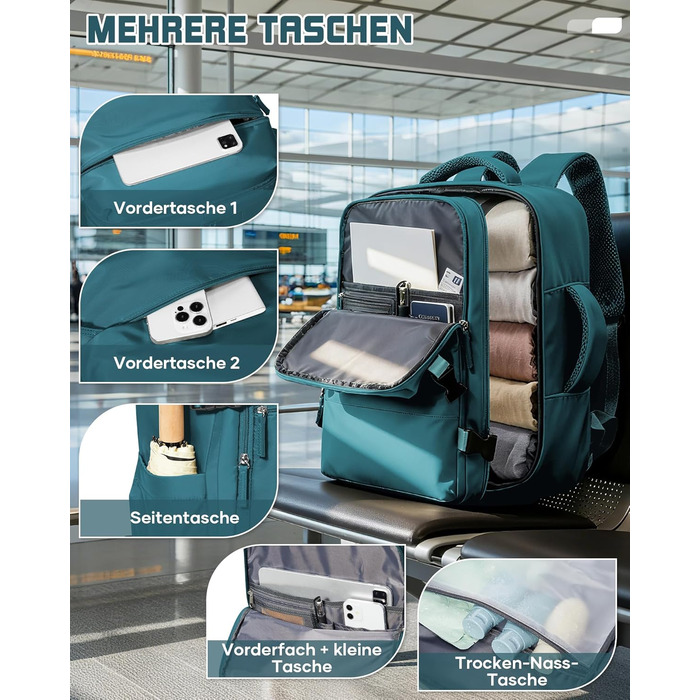 Рюкзак Suradar для ручної поклажі 40x30x20 см для Ryanair, Wizzair, малий рюкзак для ручної поклажі, літак, 24 л, дорожній рюкзак, сумка 40x30x20 см, рюкзак для ручної поклажі під сидінням для ноутбука 15,4 дюйма, колір павиного синього, F-pavion blue 40x