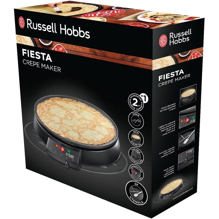 Млинар Russell Hobbs Ø30 см, тарілка з антипригарним покриттям, в т.ч. розкидач тіста та токарка Електричний гриль Fiesta (для млинців, млинців, галет і буріто, Taccos, 1000 Вт) Настільний гриль 20920-56 Млинарка одинарна