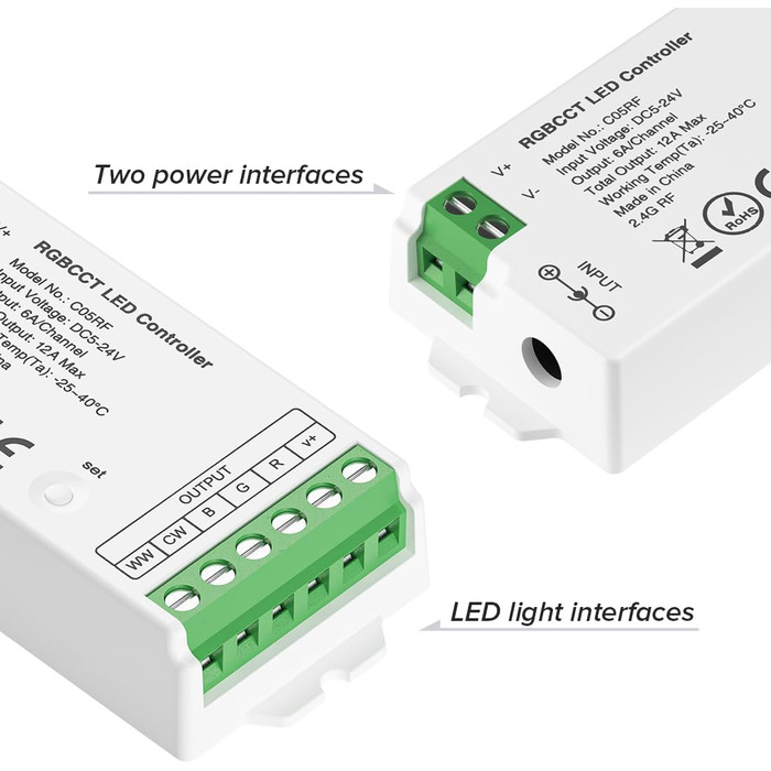 РАДІОЧАСТОТНИЙ ПУЛЬТ ДИСТАНЦІЙНОГО КЕРУВАННЯ RC02RFB&C02RF Комплект контролера 4-зонний радіочастотний 2.4 ГГц бездротовий пульт дистанційного керування для 3-контактної світлодіодної стрічки CCT (V, CW) DC5V, DC12V, DC24V (для Rgbcct, пульта дистанційног