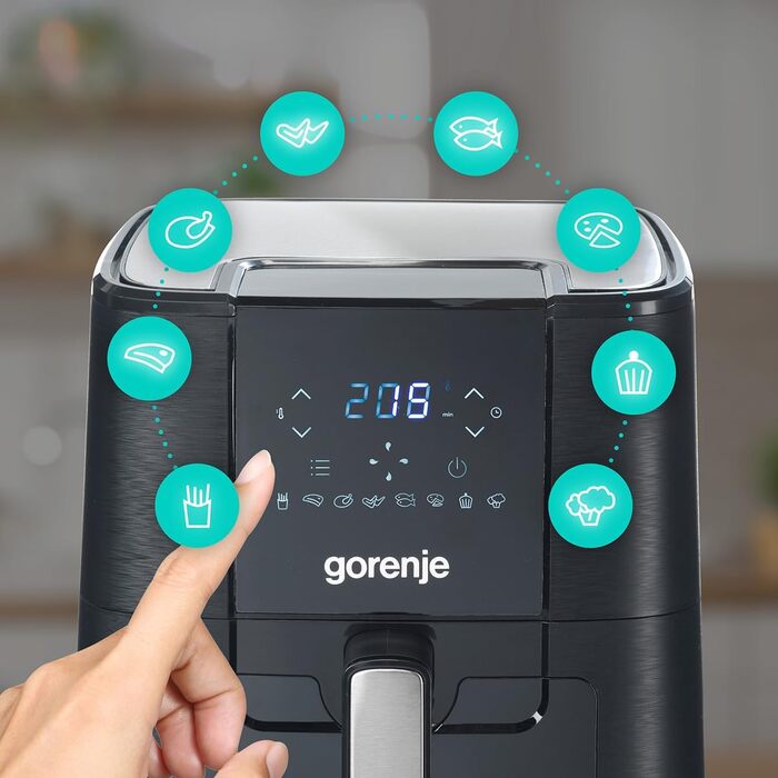 Аерофритюрниця Gorenje AF1350DWB, 1350 Вт, чаша 5,4 л з вікном, 8 автопрограм, антипригарне покриття, LED-дисплей, 28 35,3 32,1 см, чорна