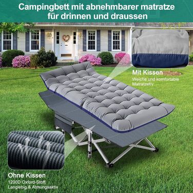 Розкладне туристичне ліжко з матрацом та боковими кишенями, вантажопідйомність 200 кг, розкладне гостьове ліжко, сталевий каркас та тканина Оксфорд, 190 x 71 x 36 см, підходить для саду, офісу, кемпінгу, сірий