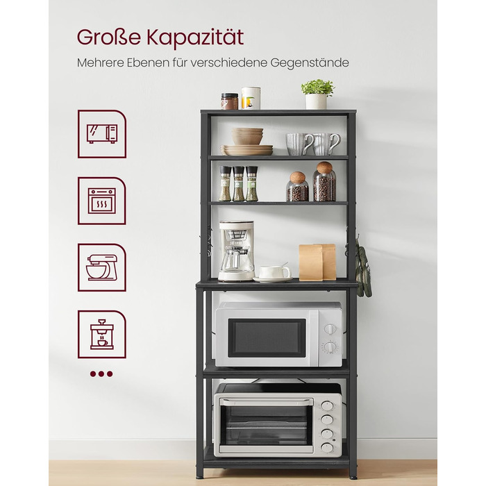 Кухонна полиця VASAGLE, окремостояча полиця, полиця для мікрохвильової печі, 6 полиць, 6 гачків, сталева рама, промисловий дизайн, 40 x 60 x 167 см, антрацитово-сірий - чорний KKS024B22 60B см антрацитово-сірий чорний
