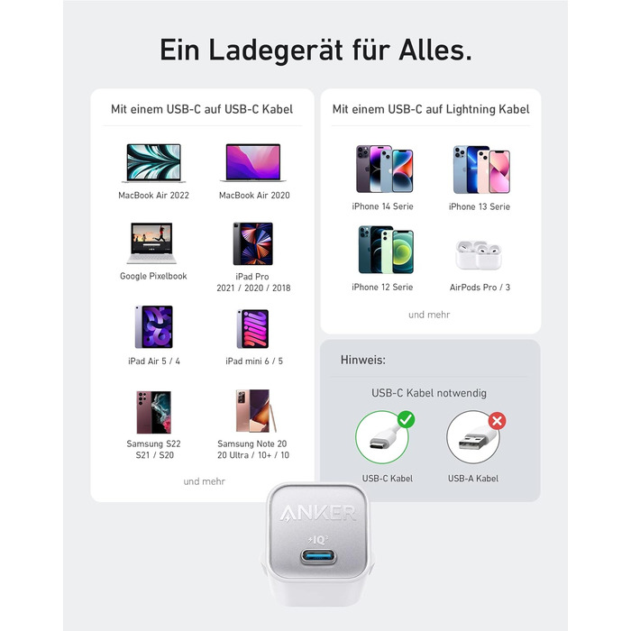Зарядний пристрій Anker USB C GaN 30 Вт, зарядний пристрій 511 (Nano 3), швидкий зарядний пристрій PIQ 3.0 PPS, сумісний з iPhone