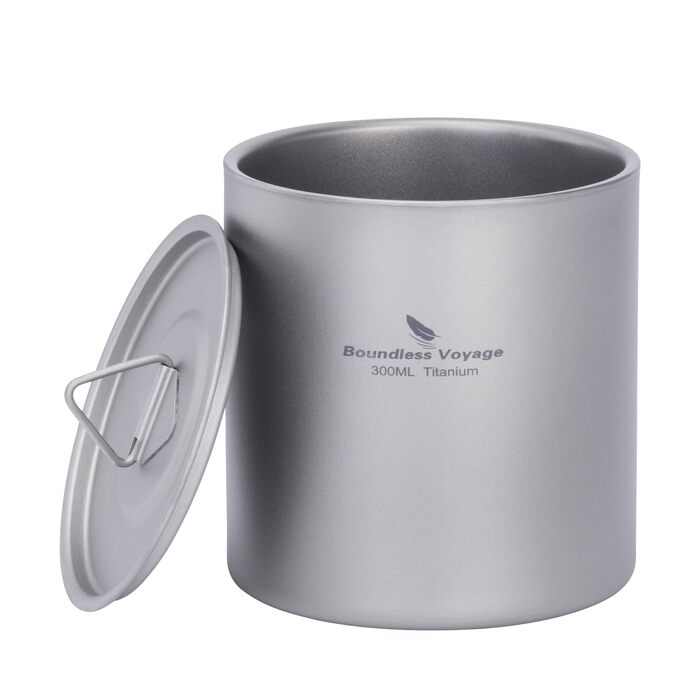 Титанова кружка iBasingo 300 мл, чашки з подвійними стінками та кришкою, надлегкі штабельовані металеві чашки для чаю та кави, міцні портативні напої для кемпінгу, подорожей та щоденного використання на свіжому повітрі Ti3242D 300 мл Ti3242d