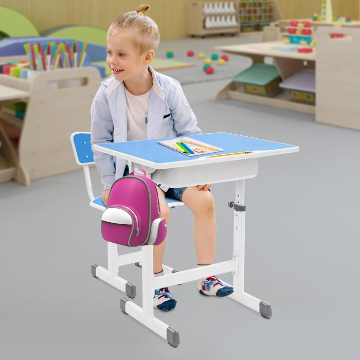 Дитячий письмовий набір, дитячий стіл з регульованою висотою (стіл 64-76 см, стілець 36-42 см), стіл з гачками, шухлядою та лотком для ручок для дітей віком 3-18 років, навчання письму та малюванню (синій, білий)