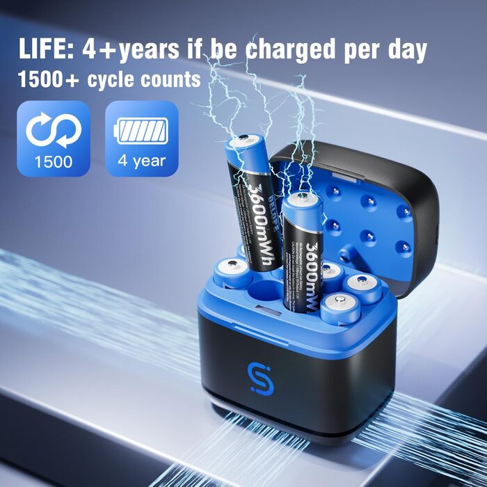 Акумуляторних літієвих батарей із швидким зарядним пристроєм, висока ємність 3600 мВтгод, 1500 циклів зарядки, батарейки типу АА, швидка зарядка 5 В 3 А для нікель-металгідридних та літієвих батарей, вхід типу C, 8