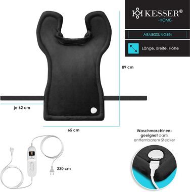 Електрична грілка KESSER для спини, плечей та шиї з автоматичним вимкненням, 9 налаштувань температури, 60x85 см, з поясним ременем, електрична грілка для спини, яку можна прати, пульт дистанційного керування, антрацит