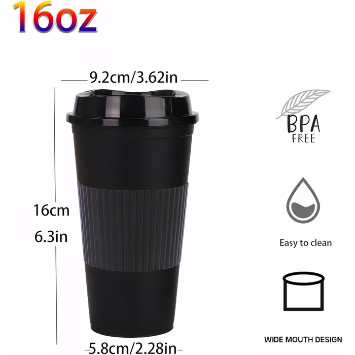 Кавова кружка об&39ємом 486 мл з кришкою, упаковка з 12 пластикових стаканчиків, багаторазові кавові чашки для автомобіля та в дорозі (12, чорні) Чорний 12