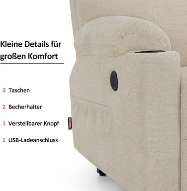 Електричне крісло-реклайнер для телевізора з функцією підйому, крісло-реклайнер з функцією нахилу на 140, регульоване за допомогою кнопки та пульта дистанційного керування, 7040 (тканина, бежевий) Бежева тканина