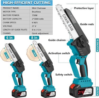 Акумуляторна бензопила 6 і 8 дюймів, міні-бензопила 2-в-1 з акумулятором і зарядним пристроєм 2 * 3000mAh, невелика акумуляторна портативна бензопила для обрізки дерев, садівництва, лісів (синя)