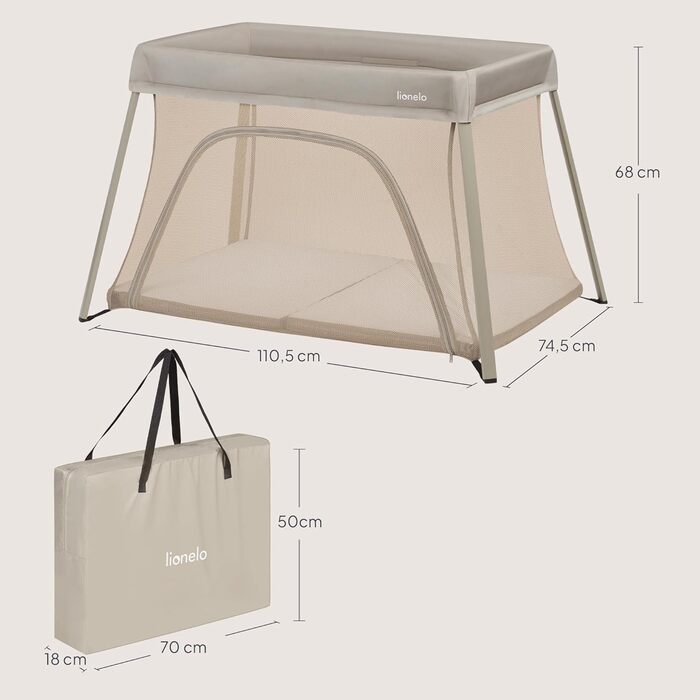 Дорожнє ліжечко/манеж Lionelo Alice 3-в-1 для дітей вагою від 0 до 15 кг, з поролоновим матрацом, 2 налаштування висоти, складне, компактне, легке, з боковим входом та бежевою дорожньою сумкою