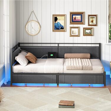 Диван-ліжко HOOBRO 90 x 200 см з 2 шухлядами, рейкова основа, каркас ліжка, м&39яке ліжко із зарядною станцією та світлодіодним освітленням, м&39яке ліжко, односпальне ліжко, для спальні, сірий та чорний EBG81CDBF01