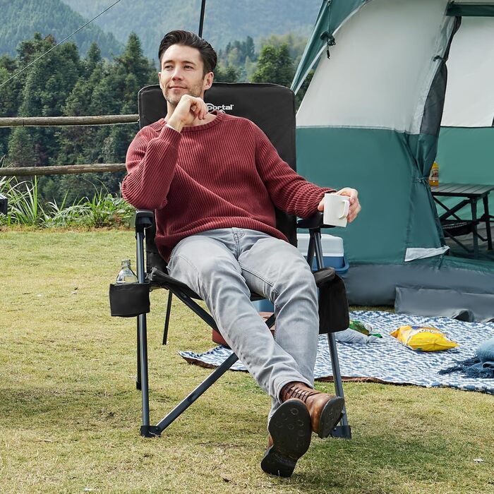 Крісло для кемпінгу Portal, складне, спинка регулюється в 3 положеннях, розкладне крісло, вантажопідйомність 160 кг, висока спинка, крісло для кемпінгу/рибальства, садове крісло, крісло для відпочинку, алюмінієве, для саду, балкону, пікніка, чорне